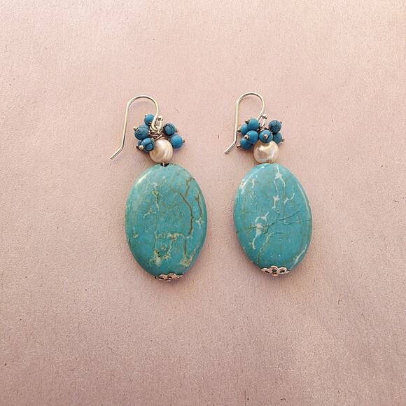 Artisan Turquoise Pearl Stone 925 Sterling Silver Drop Earrings New Stamped - Picture 2 of 9